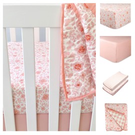 HonestBaby 7-Piece and 5-Piece Sweet Dreams Nursery Gift Set 100% Organic Cotton for Infant Baby Boys, Girls, Unisex, 5-Piece Peach Skin Papercut Floral, One Size