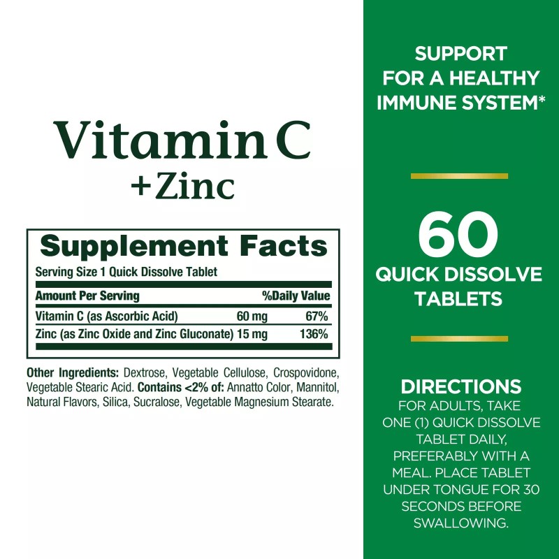 Nature's Bounty Vitamin C Plus Zinc Quick Dissolve Tablets, 60