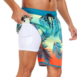AutoWT Men's Swim Trunks, 7'' Quick Dry Beach Short with Soft Lining and Pocket, Sun Protection Swimming Shorts Summer Fashionable Printed Color Vocation Board Shorts Swimwear Bathing Suits for Men