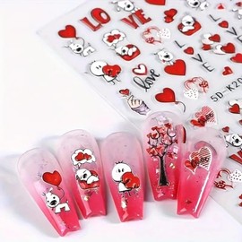 2Pcs 5D Cute Dog Bear Heart Cartoon Nail Art Stickers, 5D Embossed Red Heart Nail Decals 5D Self-Adhesive Red Heart Letter Design Valentine Manicure Charms Sliders Decals Nail Art Decoration Tips DIY