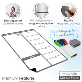 TMS A4 Weekly Meal Planner for Fridge | Magnetic Whiteboard Calendar and Shopping List | Use for Food Prep and Family Planning | Dry Wipe Memo Board for Kitchen | Made in the UK [30 x 21cm]