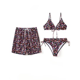 PATPAT Matching Hawaiian Swimsuits for Couples Two Piece Bikini Sets or Swim Trunks Summer Beach Vacation Swimwear, Black Floral, X-Large
