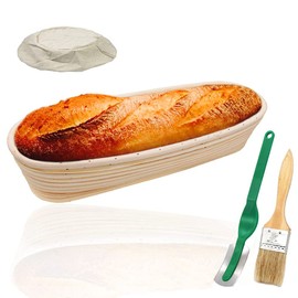 Gärkörbchen, YOCZOX Fermentation Korb aus natürlichem Rattan, Brotteig Gärkorb Handgefertigter Korb für Gärung, Brot, Teig etc. mit Brotschönheitsmesser und Bürste, Ø 35 * 15cm, Höhe 7cm, oval