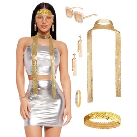 AWAYTR 70s Disco Accessories for Women 5PCS Sequin Scarf Disco Earrings Sunglasses Headband Diamond Bracelet (Gold)