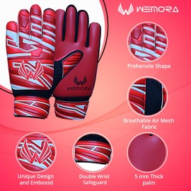 WEMORA Soccer Goalie Gloves for Kids Youth Junior Boys 4mm Anti Slip Strong Grips Palm Football Goalkeeper Gloves (Red/Black, Size 5 Suitable for 9 to 12 Years Old, Ambidextrous)