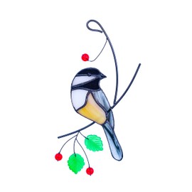 Lolitarcrafts Chickadee Stained Glass Suncatcher Bird Stained Glass Window Hangings for Window Decoration