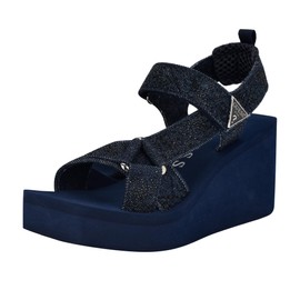 Guess Women's DAWSIN Wedge Sandal, Black Denim Rhinestone Logo 400, 6