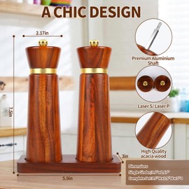 Wooden Salt and Pepper Grinder Set, Salt grinder Refillable with adjustable Coarseness, Acacia Wood pepper grinder manual, Salt and Pepper Shakers Matching Wooden tray-Ideal for Gifting