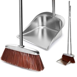Broom and Dustpan Set for Home, 56" Kitchen Broom with Dustpan Combo Set, Heavy Duty Dustpans with Long Handle, Upright Metal Dust Pan Brooms for Sweeping Indoor Outdoor Home Office Lobby Floor