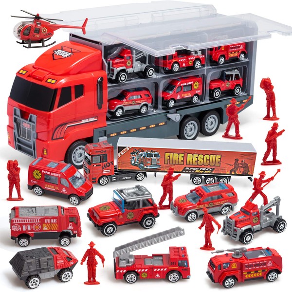 JOYIN 10 in 1 Die-cast Fire Truck Engine Vehicle Mini Rescue Emergency Fire Truck Toy Set in Carrier Truck