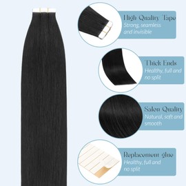 MY-LADY Tape Hair Extensions Real Remy Invisible Tape in Hair Extensions Human Hair for Women Straight 20 Inch 10 Pieces #1 Jet Black 15g