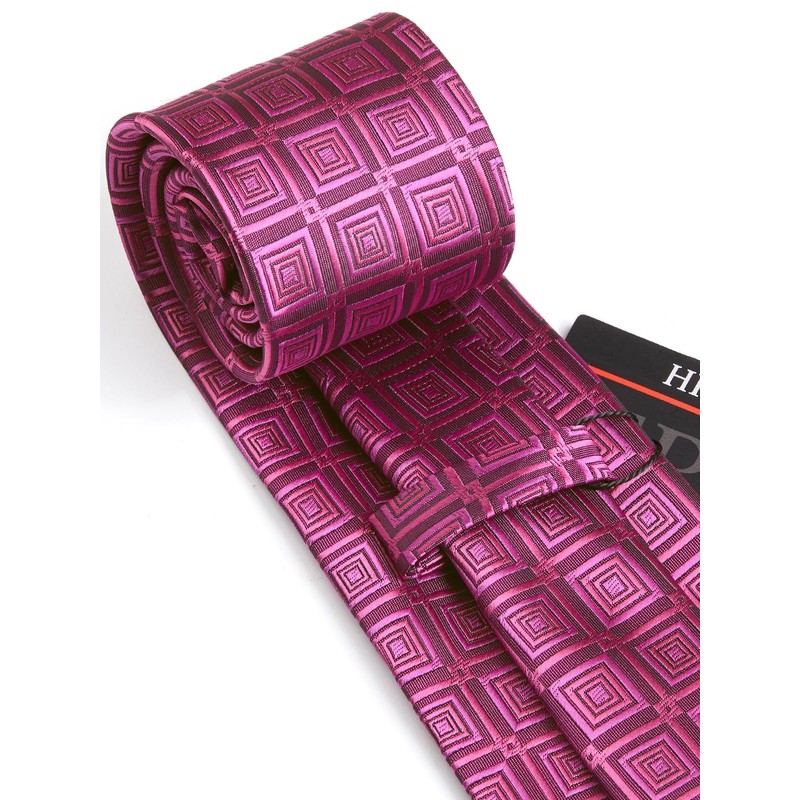 HISDERN Men's Ties Classic Pink Tie Plaid Necktie Handkerchief and