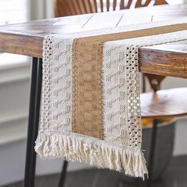 Camino de mesa elegantes，Paño de Mesa Boho de Algodón Tejido a Mano，Paño de Mesa de Arpillera con Borlas,para fiesta, despedida de soltera, comedor, Decoración de la Casa y la Cocina，220cm * 30cm