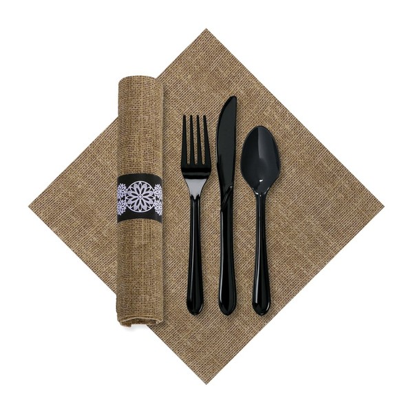 Hoffmaster 120006 FashnPoint Burlap CaterWrap with Print Dinner Napkin and Black Cutlery, Pre-Rolled, 15.5" Length x 15.5" Width, Natural (2 Bags of 50) (Pack of 100), 15.5" x 15.5"