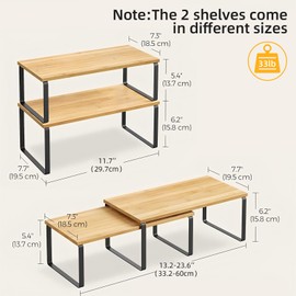 2 Pack Cabinet Organizer Shelves, Stackable and Expandable Kitchen Counter Shelf, for Kitchen Cabinet Countertop Storage, Spice Rack, Metal and Premium Bamboo (Black, 11.7" W)