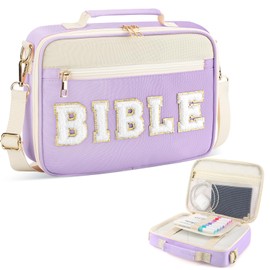 Bible Cover Case for Women Grils, Preppy Bible Bag with Adjustable Shoulder Strap, Waterproof Bible Carrying Tote Bags Holder for Bible Study Supplies Accessories & Christian Gifts (Purple)