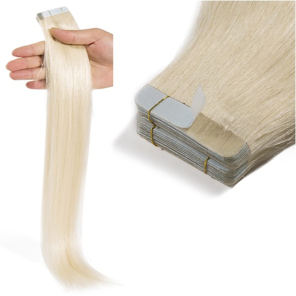 Tess Tape Extensions, Real Hair Tape-in Hair Extensions, Remy Human Hair, 40 Wefts x 4 cm, 100 g – 30 cm (60 White Blonde)