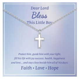 FLHEART Sterling Silver Cross Necklace for Kids - Dainty Cross Pendant Necklace Christening Gift for Godchild, Easter First Communion Confirmation Baptism Gifts for Boys Girls (Boy, Silver)