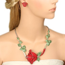EVER FAITH Austrian Crystal Rose Flower Leaf Necklace Stud Earrings Set Red w/Green Silver-Tone