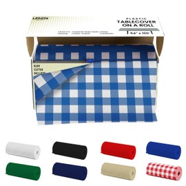 LEMON + Co. Blue Gingham Premium Plastic Tablecloth Roll - 54" x300' for Parties with Cutter Box - Cut to Size Rectangle & Round Disposable Tablecloth Plastic Table Cover