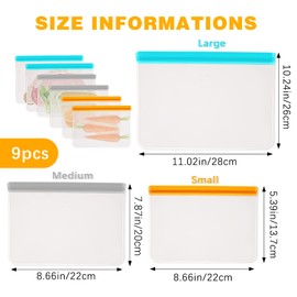 6 PCS Reusable Freezer Bags, 3 Sizes Silicone Food Storage Bags Dishwasher Safe, BPA Free Leakproof Reusable Sandwich Snack Bag for Candy, fruits, Cereal, Home Organization (3 Gray/2 Blue/1 Orange)