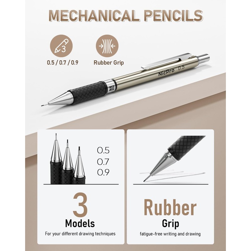 Nicpro 35PCS Art Mechanical Pencil Set, 3 PCS Metal Drafting