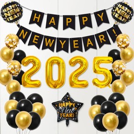 2025 New Years Eve Balloons Decorations Set ~ Large NYE 2025 Balloons ~ 41 Piece Black & Gold Happy New Year Decorations ~ NYE Garland Balloons Bunting Banner