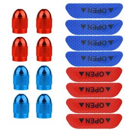 Senven Pack of 16 High-Quality Colour Aluminium Valve Caps, Dust Caps, Car, Motorcycle, Truck, Universal Tyre Valve Caps, Open Door, Car Door, Anti-Collision Warning, Reflective Stickers (Blue, Red)