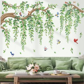 wondever Wall Sticker Green Tree Branch Large Wall Sticker Hanging Flowers Green Leaves Wall Sticker Wall Decoration for Living Room Bedroom Sofa Background