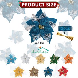 Jim`s cabin Artificial Flowers Pack of 12 Glitter Poinsettias for Christmas Tree Ornaments Butterfly Christmas Gold Decorations(Blue)
