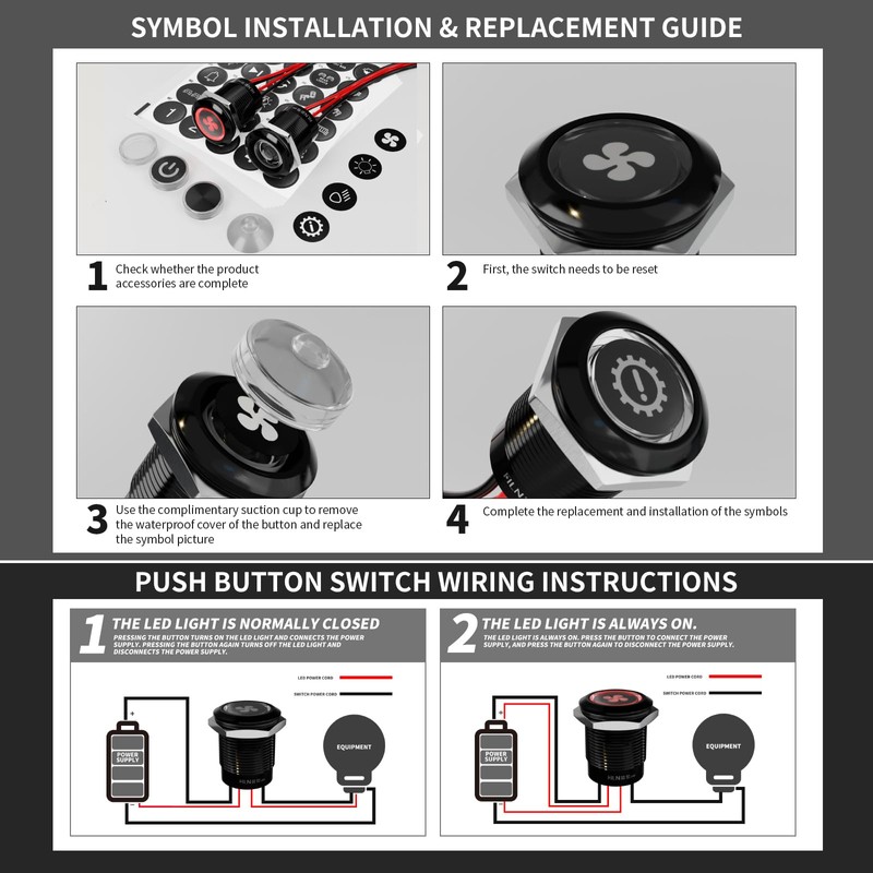 FILN 2-Pack 19mm White LED Latching Push Button Switch, 12V-24V