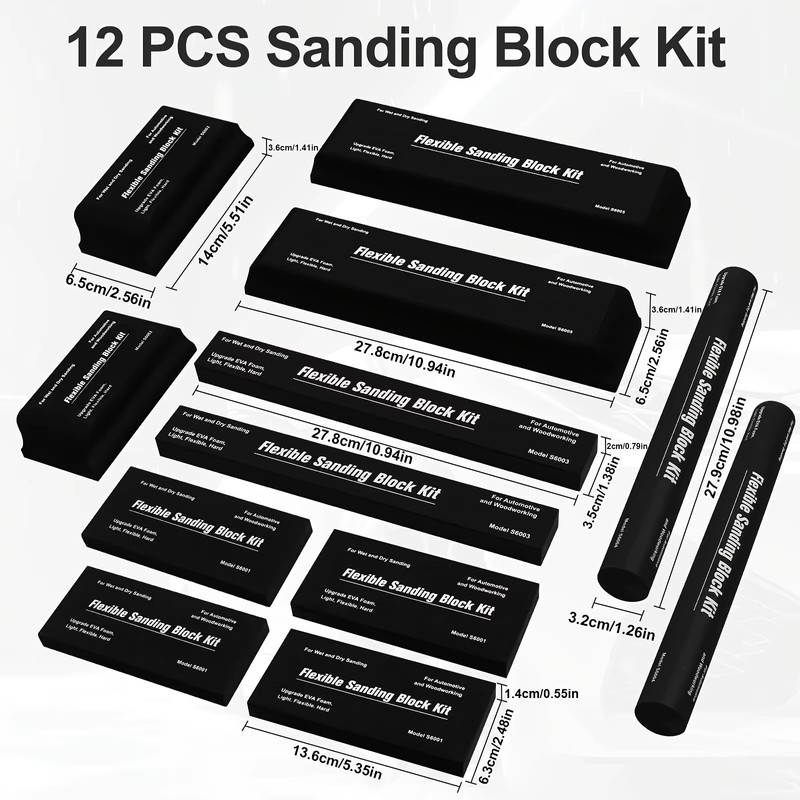 12-Piece Hand Sanding Block Kit for Automotive and Woodworking –