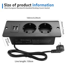 SPORWAY SPORWAY Tischplatte Versenkte Steckdose, 2-Fach Einbausteckdose Steckdosenleiste mit 2 USB, Tischsteckdose Versenkte Steckdose 1.5m Kabel fr Tischplatte Arbeitsplatte Konferenztisch (Schwarz)