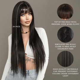 7JHH WIGS 34inch Surper Long Straight Natural Black Synthetic Layered Wigs with Bang Heart Resistant Fiber Hair 140% Density Long Wigs for Women Daily Party Anime Cospaly Used