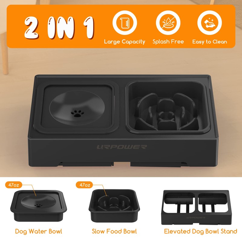 URPOWER 2-in-1 Elevated Slow Feeder Dog Bowls with No-Spill Water