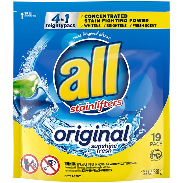 All Mighty Pacs Laundry Detergent, 4 In 1 Stainlifter Pouch, 19 Count
