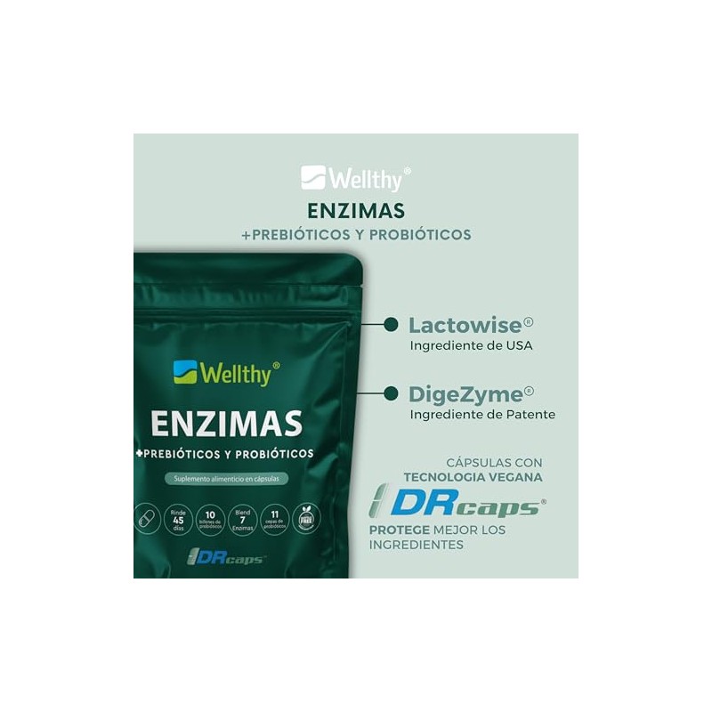 Wellthy Enzimas Digestivas 90 Cápsulas. Reforzado con Prebioticos y Probioticos.
