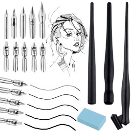 Prmape Set of 13 Nib and Holder Set, Manga Cartoon Comic Dip Pen with Pen Holders, 2 Pen Holders, 5 Nibs, 1 Eraser for Caricaturists Artists Designer
