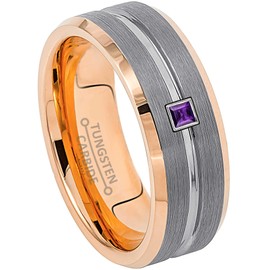 0.05ctw - 0.10ctw Princess Cut Amethyst Birthstone Tungsten Ring - Two-Tone Grooved Rose Gold Band Tungsten Carbide Mens Wedding Band - February Birthstone Ring - WG Bezel