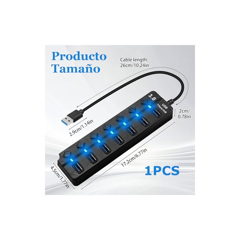 Hub USB 3.0 Splitter,7 Puertos Multi USB 3.0 Hub Splitter