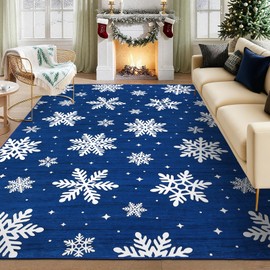 GarveeHome Washable Rugs 8x10 Christmas Rug for Living Room Non-Slip Snow Pattern Soft Bedroom Rug, Stain Resistant Large Area Rug, Foldable Indoor Decorative Carpet for Dining Room, Home Office, Blue