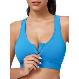 Zip Front Closure High Impact Sports Bra for Women Post Surgery Racerback Sports Bra High Support Workout Running Bras, Malibu Blue, Medium