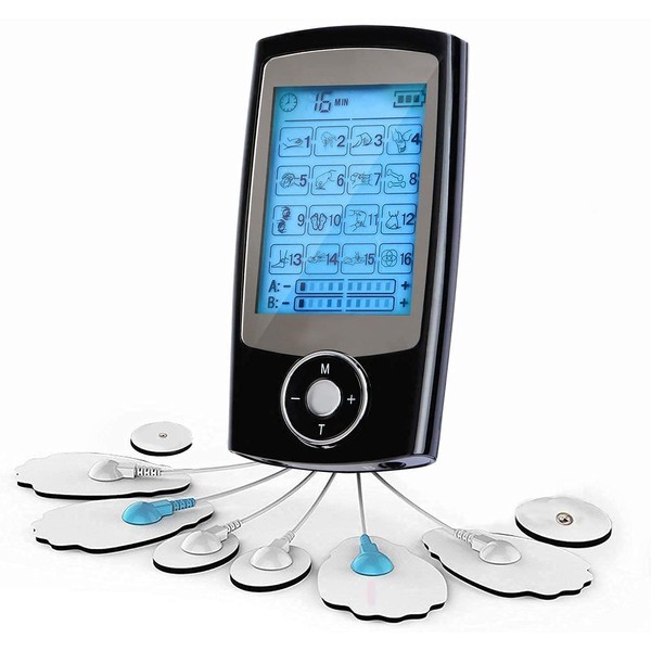 Électrostimulateur TENS Anti-Douleur et électrostimulation Musculaire EMS - rééducation, soulagement des douleurs, Massages, Soins de kinésithérapie - 16 programmes de Massage + 8 électrodes