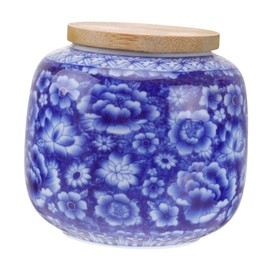 CIYODO Ceramic Tea Canister with Wooden Lid Airtight Sealed Tea Storage Container Blue Floral Design and Matcha Powder