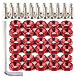 30 Pairs Car Countersunk Washers Screws M6, Anodised Aluminium Washers and M6 x 20 mm Countersunk Screws for Vehicle Bumper Mudguard, Engine Compartment, JDM Automodification Kit (Red)