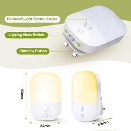 2 Pack Plug in Night Light with Dusk to Dawn Photocell Sensor, 5 Adjustable Brightness Levels, ON/Off/AUTO Modes, 3000K Warm White LED Night Light for Hallways, Stairs, Bedrooms, Kitchens, 0.3W