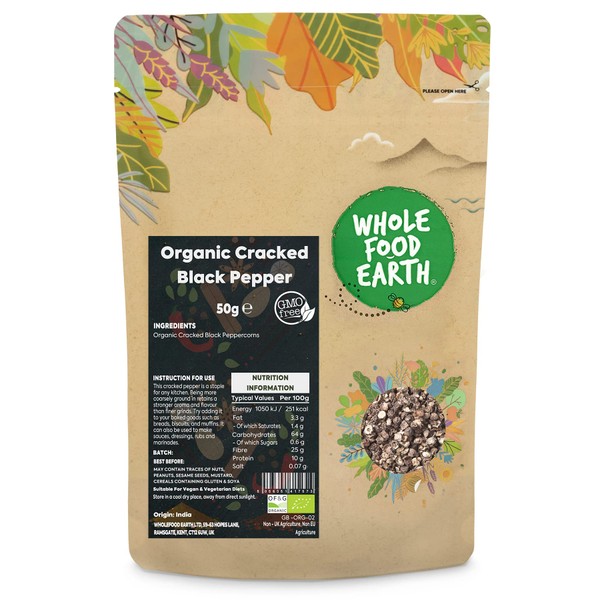 Whole Food Earth® - Organic Cracked Black Pepper 50 g | GMO Free | Certified Organic