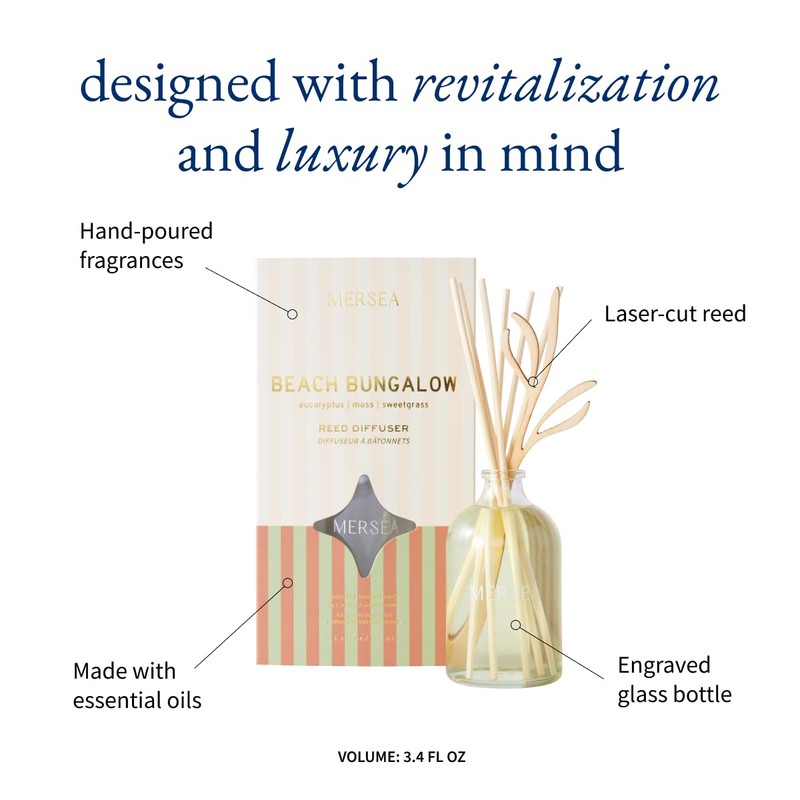 MERSEA Beach Bungalow Reed Diffuser, Scented Glass Oil Diffuser (3.4