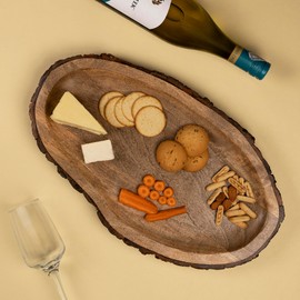 GoCraft Oval Wooden Serving Platter with Tree Bark on Edges | Mango Wood Serve Board | Charcuterie Platter - 17" x 10"