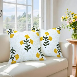 Cythasily Floral Embroidered Decorative Throw Pillow Covers 18"x 18" Set of 1, Boho Spring Farmhouse Yellow Flowers Green Leaves Patterned Square Canvas Pillowcases for Couch Sofa Bed Living Room